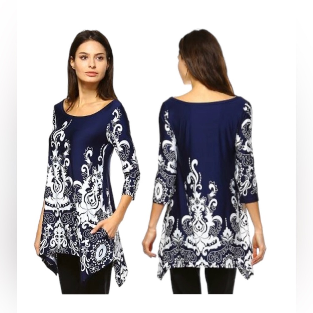 White Mark Navy Blue/WhiteWomen's Scoop Neck Printed Yanette Tunic Top